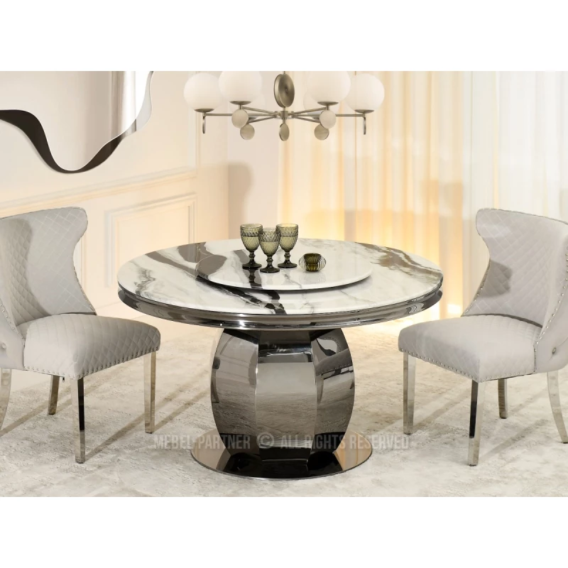 Kulatý jídelní stůl GEMMO - černobílý mramor / černý