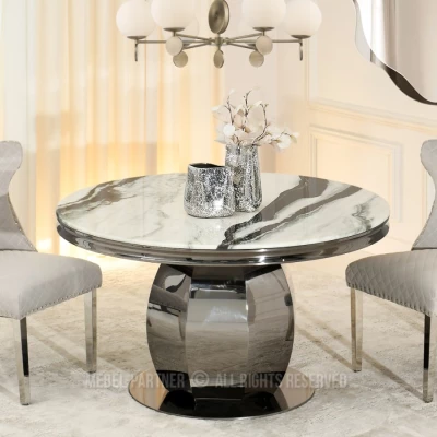 Kulatý jídelní stůl GEMMO - černobílý mramor / černý