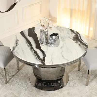 Kulatý jídelní stůl GEMMO - černobílý mramor / černý