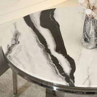 Kulatý jídelní stůl GEMMO - černobílý mramor / černý
