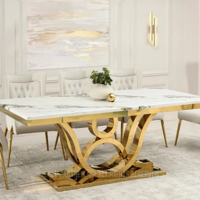 Luxusní jídelní stůl HALIM - bílý mramor / zlatý