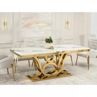 Luxusní jídelní stůl HALIM - bílý mramor / zlatý