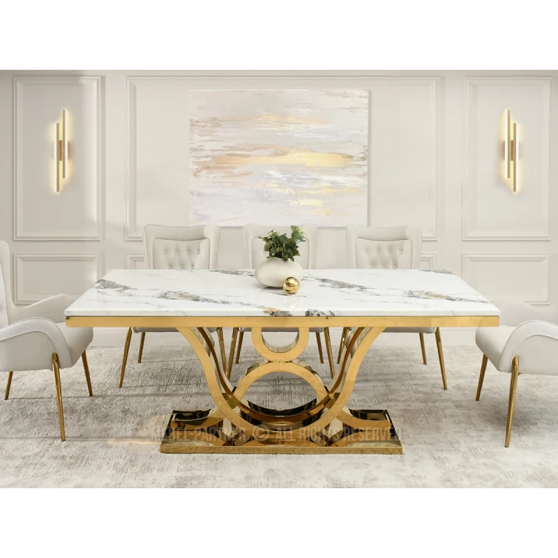 Luxusní jídelní stůl HALIM - bílý mramor / zlatý