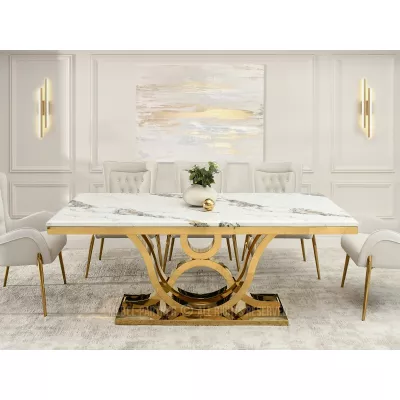 Luxusní jídelní stůl HALIM - bílý mramor / zlatý