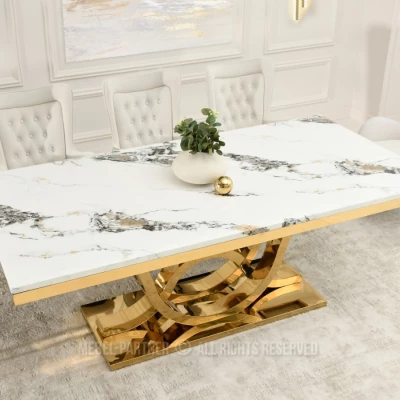 Luxusní jídelní stůl HALIM - bílý mramor / zlatý