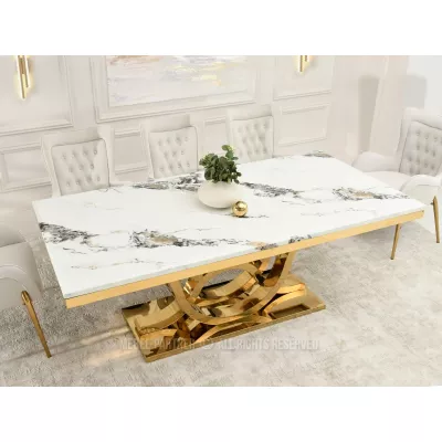 Luxusní jídelní stůl HALIM - bílý mramor / zlatý