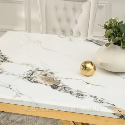 Luxusní jídelní stůl HALIM - bílý mramor / zlatý