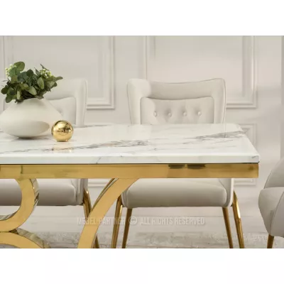 Luxusní jídelní stůl HALIM - bílý mramor / zlatý