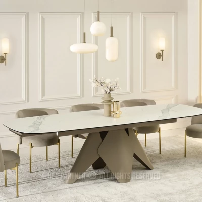 Rozkládací jídelní stůl HAMAD - bílý mramor / béžový