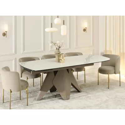 Rozkládací jídelní stůl HAMAD - bílý mramor / béžový