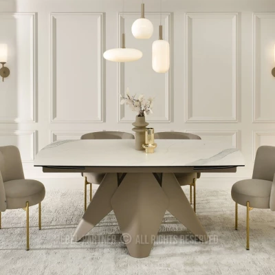 Rozkládací jídelní stůl HAMAD - bílý mramor / béžový