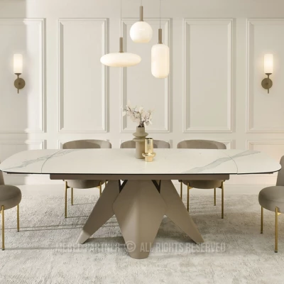 Rozkládací jídelní stůl HAMAD - bílý mramor / béžový