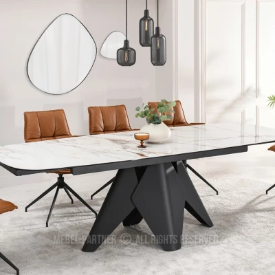 Rozkládací jídelní stůl HAMAD - béžový mramor / černý