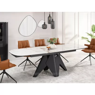 Rozkládací jídelní stůl HAMAD - béžový mramor / černý