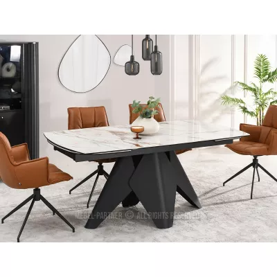 Rozkládací jídelní stůl HAMAD - béžový mramor / černý