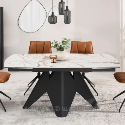 Rozkládací jídelní stůl HAMAD - béžový mramor / černý