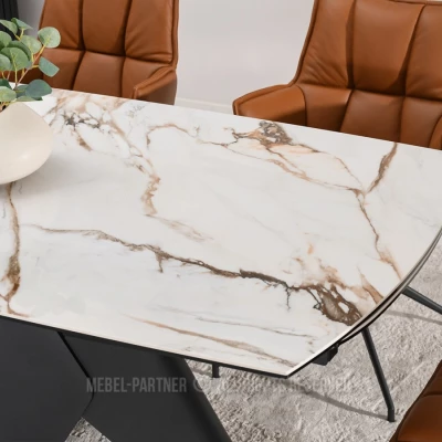 Rozkládací jídelní stůl HAMAD - béžový mramor / černý