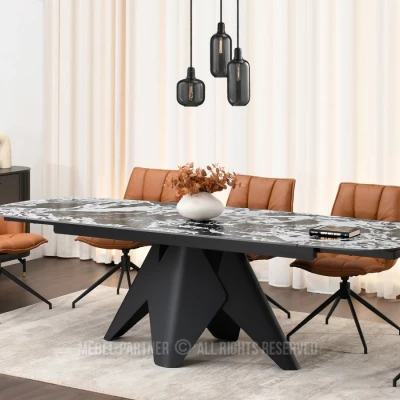 Rozkládací jídelní stůl HAMAD - černobílý mramor / černý