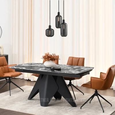 Rozkládací jídelní stůl HAMAD - černobílý mramor / černý