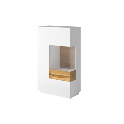 VÝPRODEJ - Vysoká komoda s prosklenou částí SHADI pravá, bílá + dub wotan