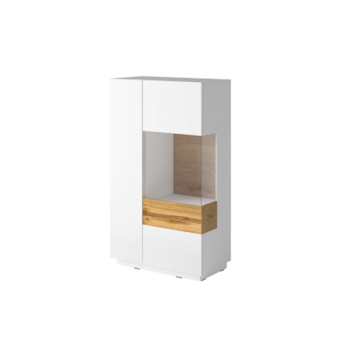 VÝPRODEJ - Vysoká komoda s prosklenou částí SHADI pravá, bílá + dub wotan