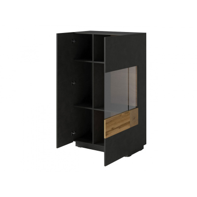 VÝPRODEJ - Vysoká komoda s prosklenou částí SHADI pravá, bílá + dub wotan