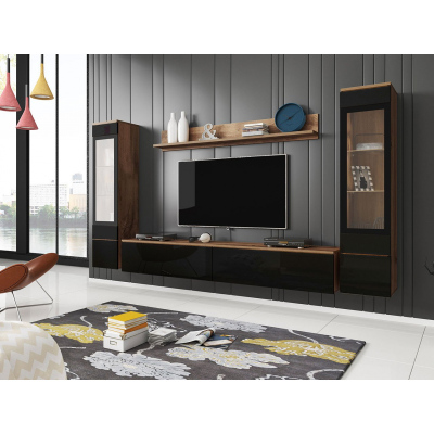 VÝPRODEJ - Obývací stěna s LED osvětlením WANDA 2 - dub wotan / lesklá černá