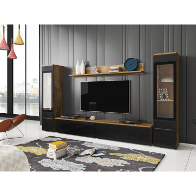 VÝPRODEJ - Obývací stěna s LED osvětlením WANDA 2 - dub wotan / lesklá černá