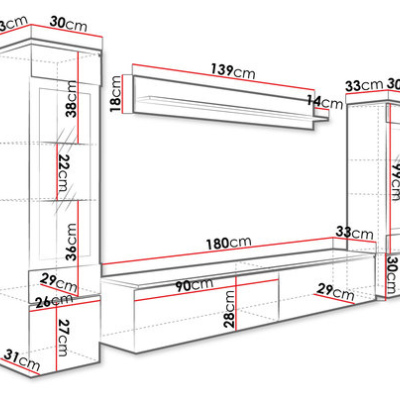 VÝPRODEJ - Obývací stěna s LED osvětlením WANDA 2 - dub wotan / lesklá černá