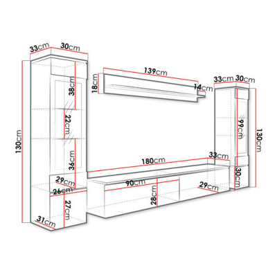 VÝPRODEJ - Obývací stěna s LED osvětlením WANDA 2 - dub wotan / lesklá černá