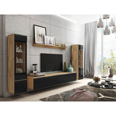 VÝPRODEJ - Obývací stěna s LED osvětlením WANDA 2 - dub wotan / lesklá černá