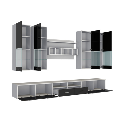 VÝPRODEJ - Obývací stěna s LED osvětlením KELLS - bílá / lesklá bílá