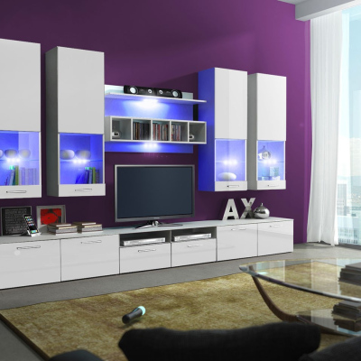 VÝPRODEJ - Obývací stěna s LED osvětlením KELLS - bílá / lesklá bílá