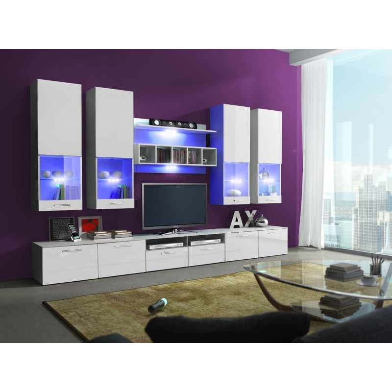 VÝPRODEJ - Obývací stěna s LED osvětlením KELLS - bílá / lesklá bílá