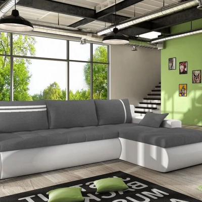VÝPRODEJ - Rozkládací rohová sedací souprava EPLATO - bílá ekokůže / šedá, pravý roh