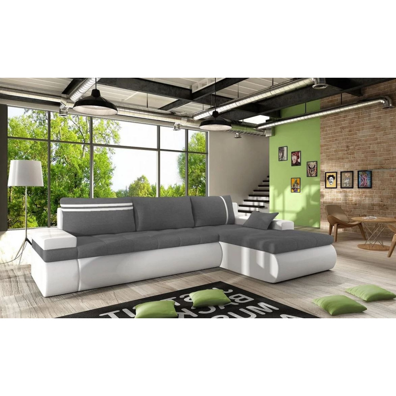 VÝPRODEJ - Rozkládací rohová sedací souprava EPLATO - bílá ekokůže / šedá, pravý roh