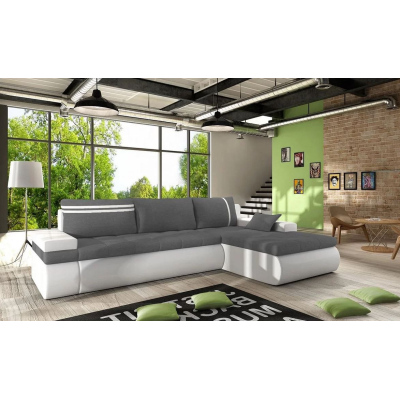 VÝPRODEJ - Rozkládací rohová sedací souprava EPLATO - bílá ekokůže / šedá, pravý roh