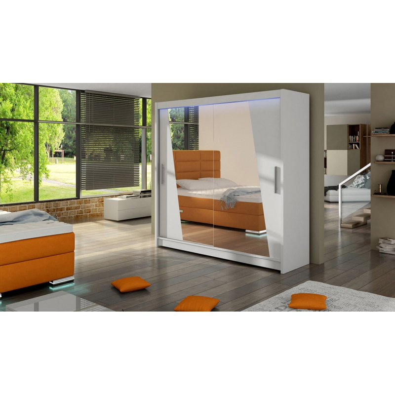 VÝPRODEJ - Šatní skříň 180 cm se zrcadlem a LED osvětlením FLORENCIO 14 - bílá