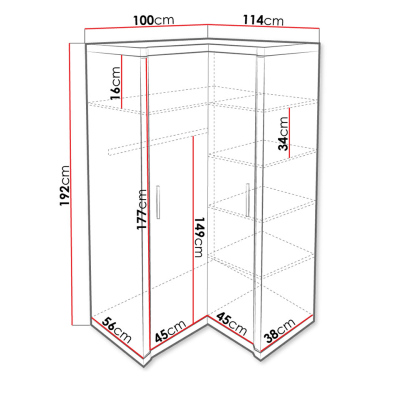 VÝPRODEJ - Rohová šatní skříň 114x100 cm ARIKA - dub lanýž