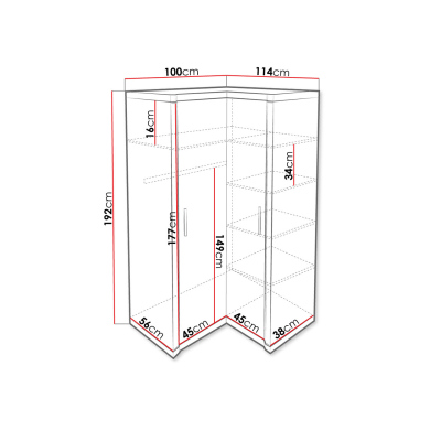 VÝPRODEJ - Rohová šatní skříň 114x100 cm ARIKA - dub lanýž
