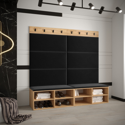 VÝPRODEJ - Široký botník s čalouněnými panely HARRISON - dub zlatý, černé panely