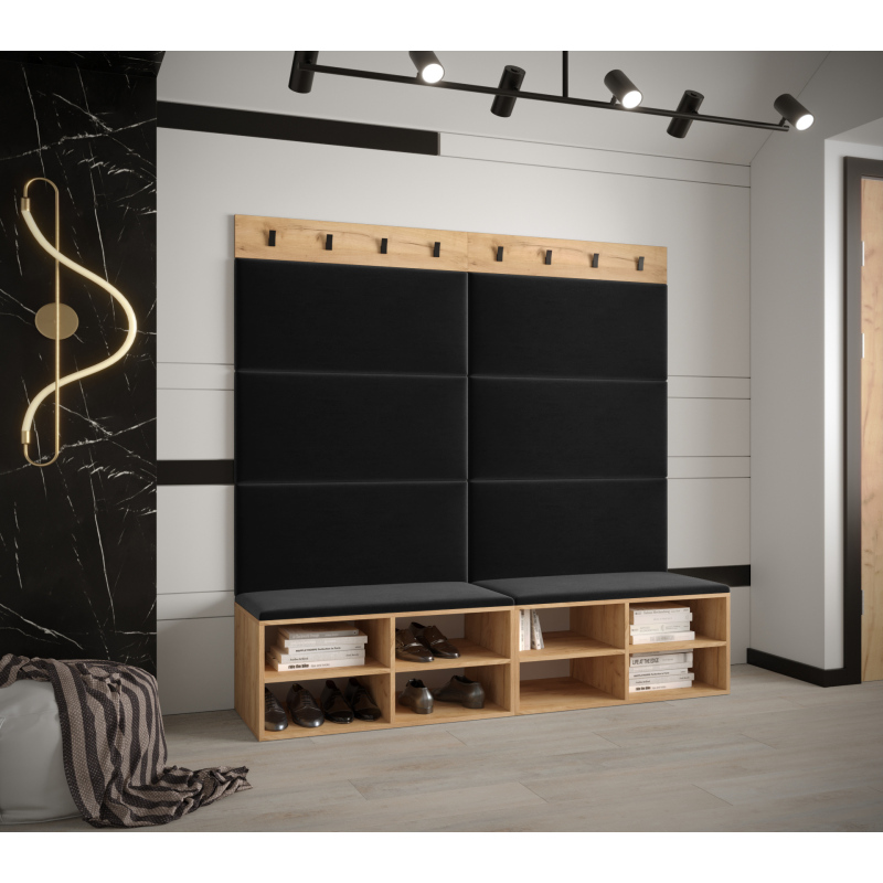 VÝPRODEJ - Široký botník s čalouněnými panely HARRISON - dub zlatý, černé panely