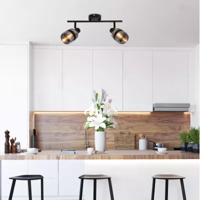 Stropní / nástěnné bodové svítidlo YUKI - 2xE14, 15W, černé / kouřové sklo