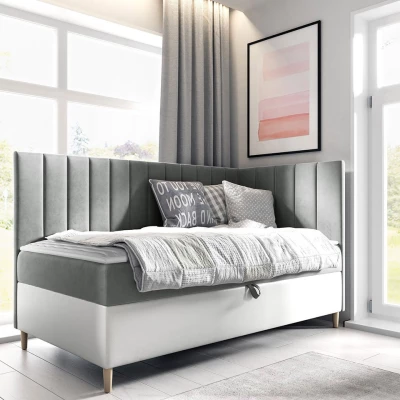 VÝPRODEJ - Boxspringová jednolůžková postel 90x200 ROCIO 3 - bílá ekokůže / šedá, pravé provedení + topper ZDARMA