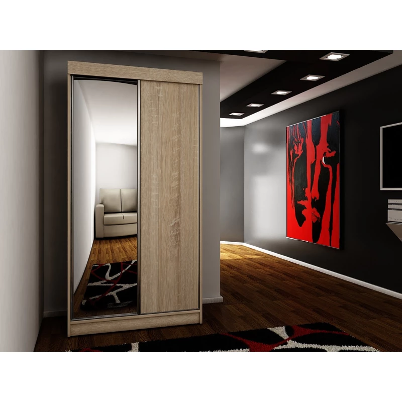 VÝPRODEJ - Zrcadlová šatní skříň 100 cm s RGB LED osvětlením ELVIRA 2 - dub sonoma