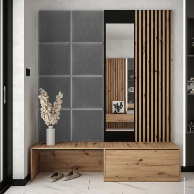 VÝPRODEJ - Předsíňová stěna se zrcadlem BRUTTO - dub artisan / černá / šedá