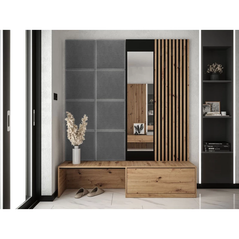 VÝPRODEJ - Předsíňová stěna se zrcadlem BRUTTO - dub artisan / černá / šedá