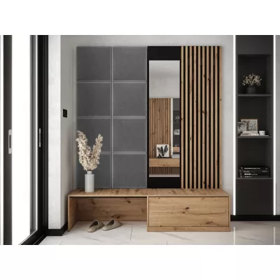 VÝPRODEJ - Předsíňová stěna se zrcadlem BRUTTO - dub artisan / černá / šedá
