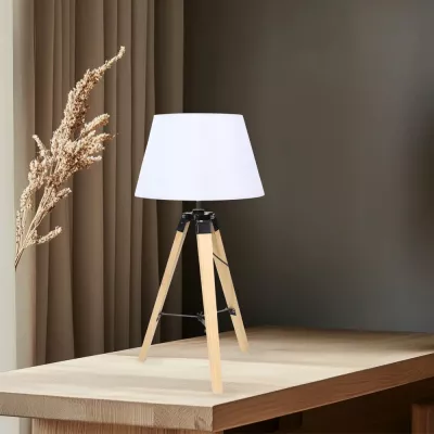 Stolní lampa trojnožka LUGANO - 1xE27, 60W, přírodní dřevo / bílá
