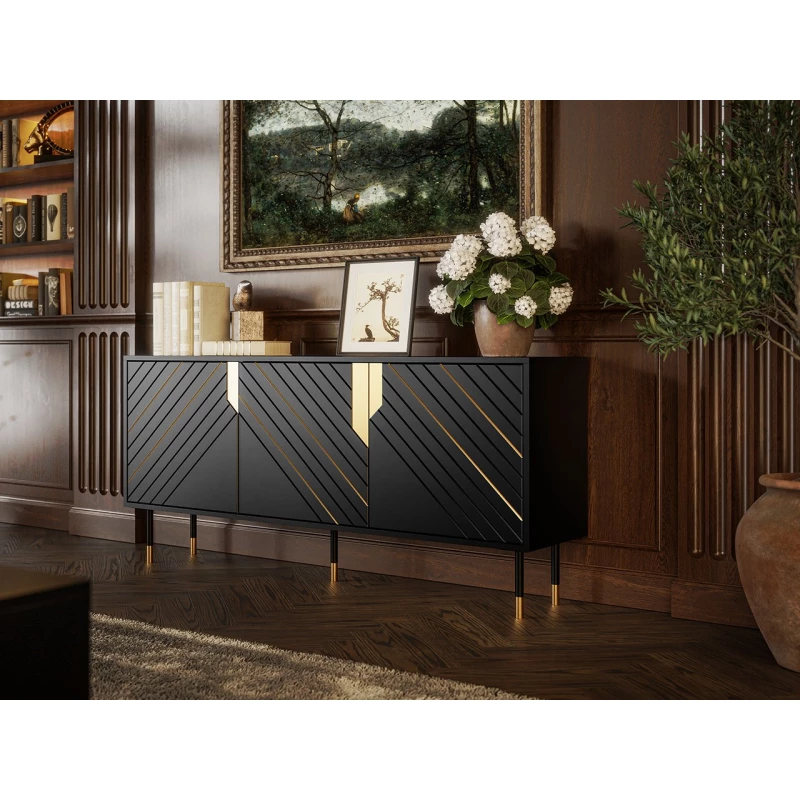 VÝPRODEJ - Široká komoda s dvířky do obýváku SACUL 1 - černá / zlatá